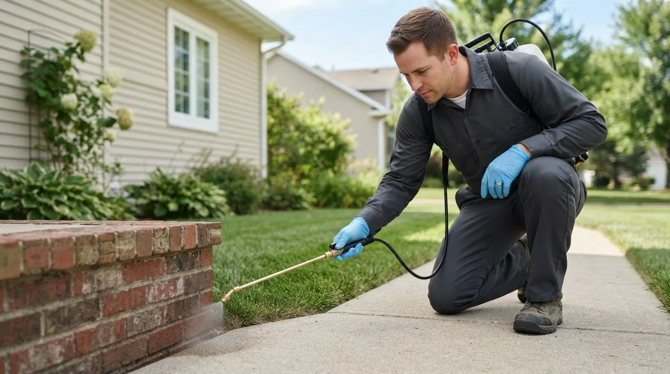 Pest control technician treating a home near Quinton, AL